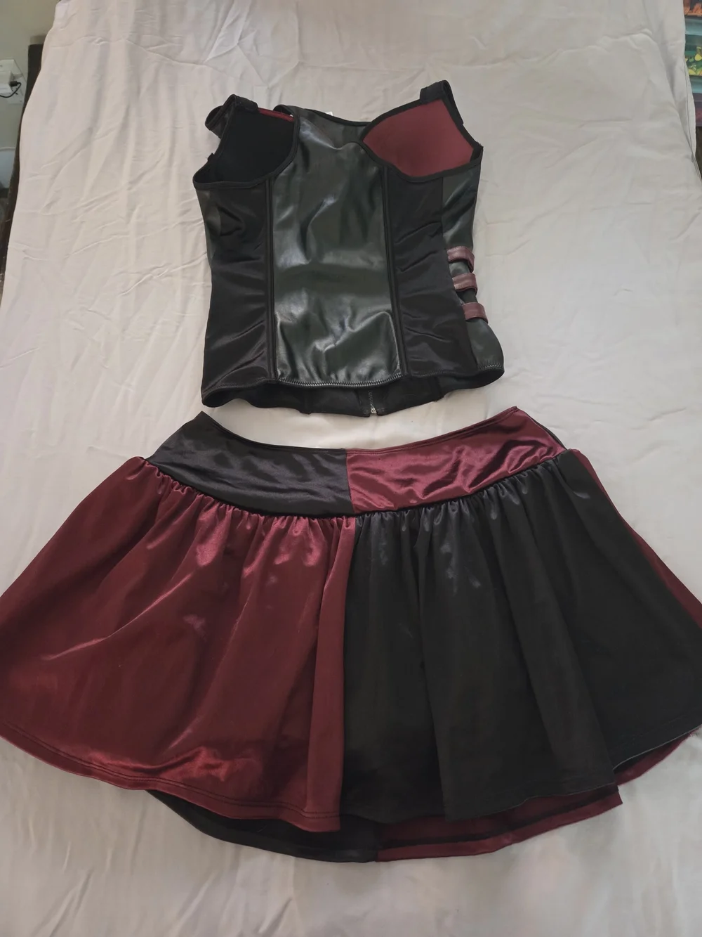 Harley Quinn Inspired Burgundy & Black Corset Top with Matching Skirt - Picture 2 of 9